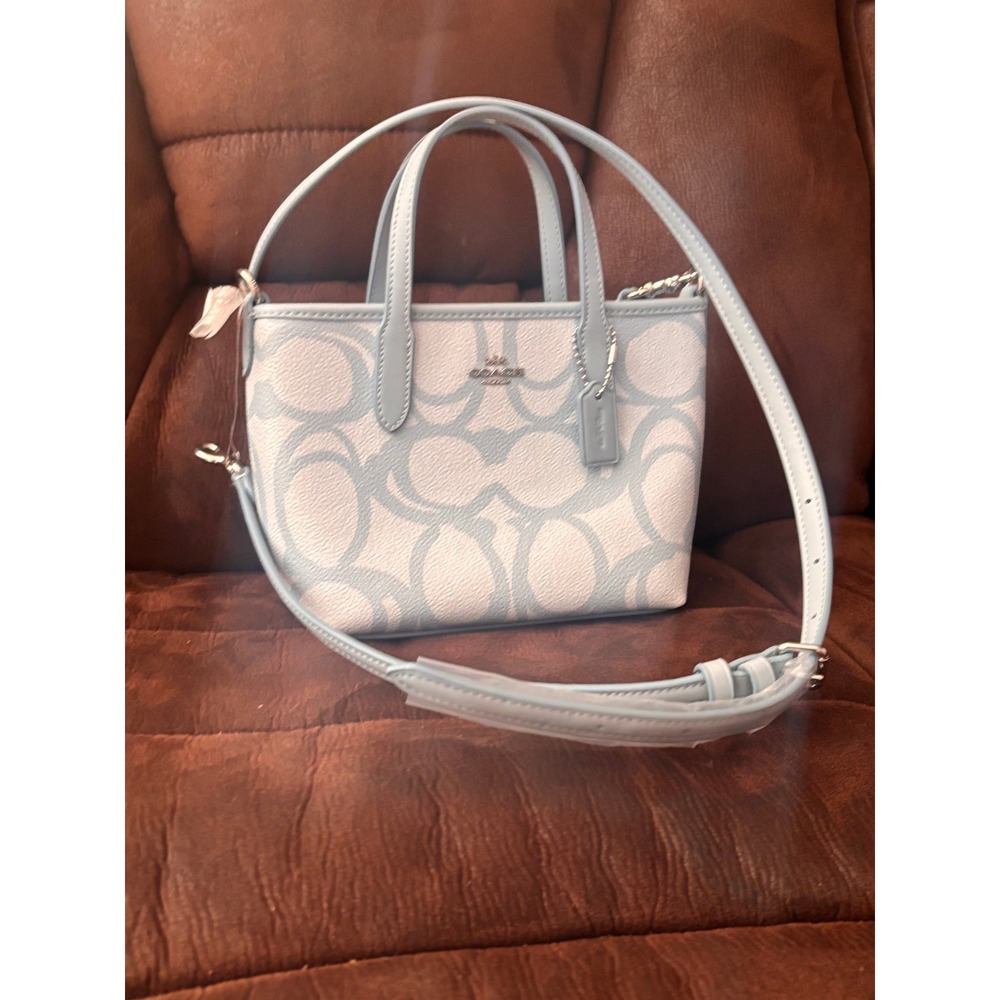 Coach Mini Tote Bag Signature Canvas Light Blue Crossbody Purse Never worn